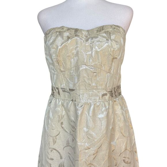 American Eagle Jacquard Strapless Mini Dress Ivory Soft Gold Metallic Womens 14 - Picture 4 of 10